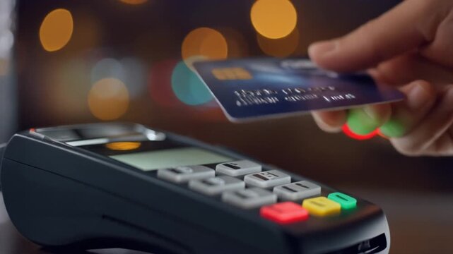 Close-up of a hand making a swift and secure contactless payment using a credit card at a modern point of sale terminal, illustrating advanced digital transaction technology and convenience in retail
