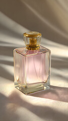 
luxury perfume bottle design, elegant and minimalistic, transparent glass with golden accents, soft pastel pink liquid inside, cinematic lighting with warm golden reflections, ultra-realistic adverti