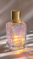 
luxury perfume bottle design, elegant and minimalistic, transparent glass with golden accents, soft pastel pink liquid inside, cinematic lighting with warm golden reflections, ultra-realistic adverti