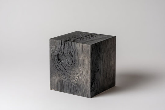 Yakisugi wood texture cube displays unique charred surface with natural grain pattern and dark tones creating striking modern minimalist aesthetic for interior design