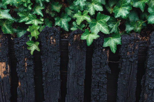 Charred yakisugi wood texture creates striking contrast with vibrant green ivy leaves climbing above rustic fence, highlighting natural beauty and organic patterns