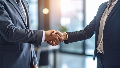 Two business people in suits shaking hands in a modern office, symbolizing partnership, agreement, and success.