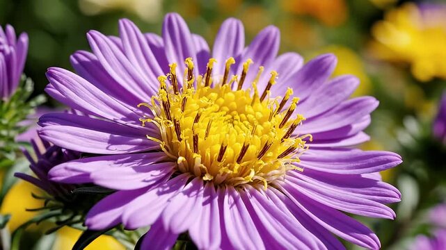 A captivating macro close-up captures the intricate beauty of a vibrant purple flower, showcasing its delicate petals and the striking contrast of its bright yellow center. The detailed stamens are cl