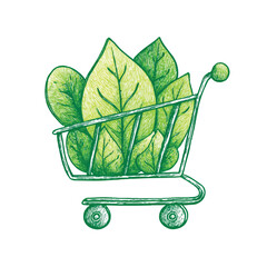 Eco-Friendly Grocery Push Cart Icon, Green Sustainable Shopping Trolley Vector Illustration with Leaf Motif