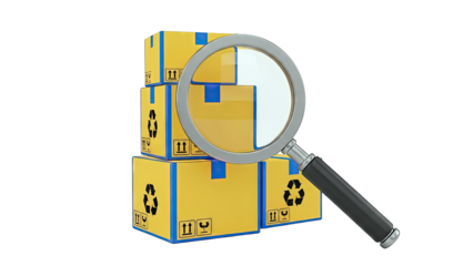 Magnifying glass over stacked shipping boxes with handling symbols