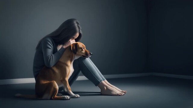 Dog Comforting Owner During a Sad Moment. Pets + Human Bonding. Photograph of a person sitting dejectedly while their dog rests its head gently on the owner's leg or lap offering silent comfort.
