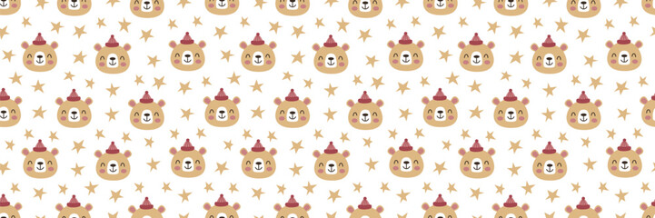 Cute bear pattern with adorable animal faces in seamless design. Perfect for winter baby textiles, kids Christmas prints, and nursery decor with charming teddy characters.