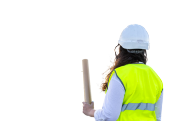 Female engineer holding blueprint observing wind turbine construction site. PNG background