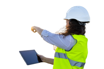 Female engineer using digital tablet and pointing with finger while inspecting site. PNG background