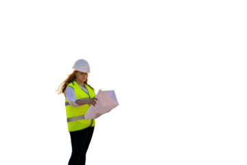 Female engineer reading blueprint on white background. PNG background