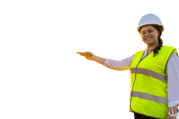 Female engineer pointing with cellphone on construction site at sunset. PNG background