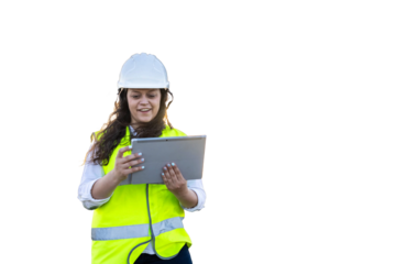 Female engineer using digital tablet wearing safety vest and helmet. PNG background