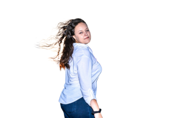 Female engineer walking against strong wind with hair blowing in the breeze. PNG background
