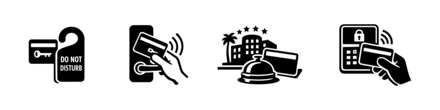 Hotel and hospitality vector icons set: rfid, key card, access control, bell