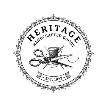 Vintage Handcrafted Goods Logo with Scissors and Thread Spool.