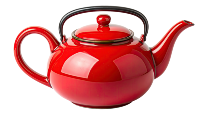 A vibrant, glossy, red ceramic teapot with a black handle, spout, and lid knob