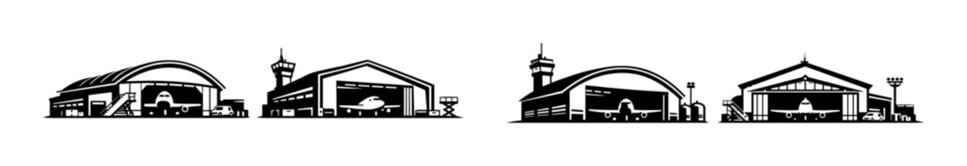 Airport hangar vector icons set featuring aircraft, terminal, aviation symbols
