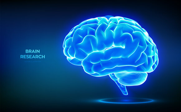 Brain. Human brain side view. Digital brain. Brain research medical science technology concept. Human mind. AI. Artificial intelligence. Neural network. Education. Brainstorming. Vector illustration.