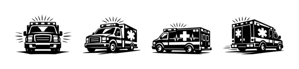 Ambulance vector icons set with emergency vehicle symbols and medical transport designs