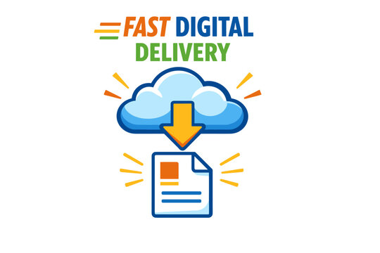 Fast digital delivery cloud icon with download arrow and document
