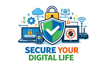 Protect your digital life with cybersecurity: devices and security icons illustrated