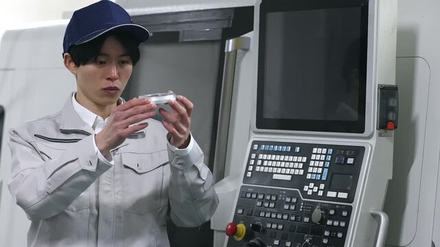 工場で旋盤加工品・フライス加工品を確認する男性作業員
