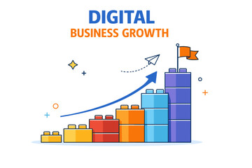 Fototapeta premium Digital business growth chart with rising bar graph and arrow
