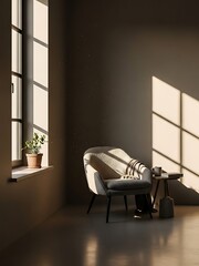 Serene Interior with Armchair, Plant, and Sunlight Through the Windows