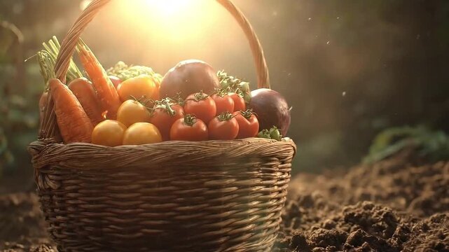 Abundance Harvest: A bountiful basket overflows with a vibrant array of fresh, colorful produce, bathed in the golden light, representing nature's bounty and culinary delight.