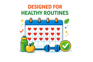 Colorful fitness calendar with heart icons, dumbbell, apple, and supplement bottle