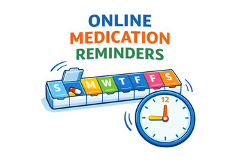 Online medication reminders with weekly pill organizer and clock
