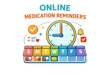 Colorful online medication reminders with clock and weekly pill organizer