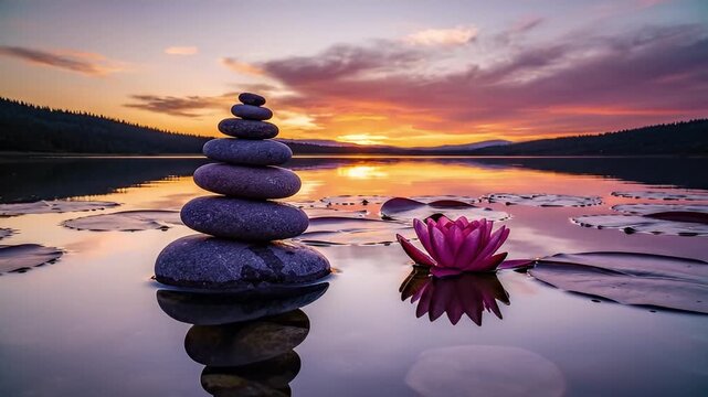 A serene and balanced composition captures a stack of smooth, dark stones perfectly perched on the tranquil surface of a calm lake. Adjacent to the meticulously balanced cairn, a vibrant pink water li