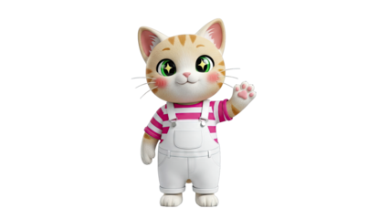 Cute cartoon cat waving with sparkling eyes and wearing overalls