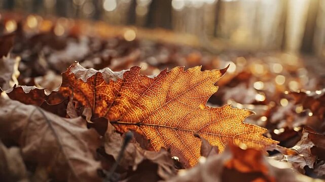 A serene close-up shot captures the vibrant colors of fallen autumn leaves scattered across the forest floor, bathed in the warm, golden light of late afternoon. The intricate network of veins on a pr