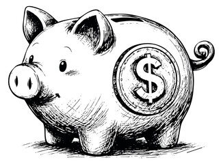 Hand drawn line art illustration of a piggy bank depicting a dollar symbol for financial saving and investment