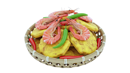 Shrimp and Fried Food Platter with Chili Peppers in Basket