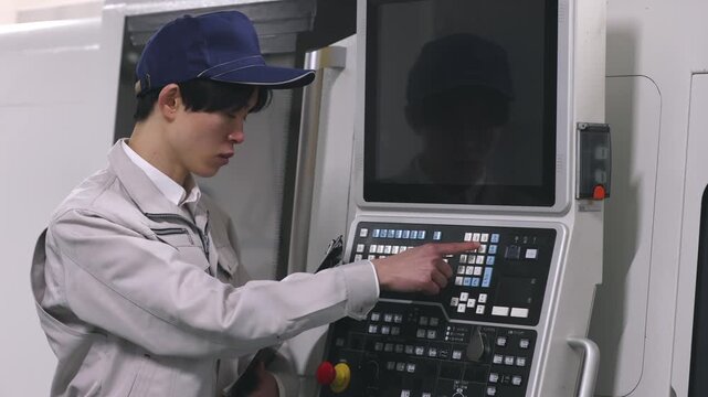 工場の操作盤の前で働く男性作業員