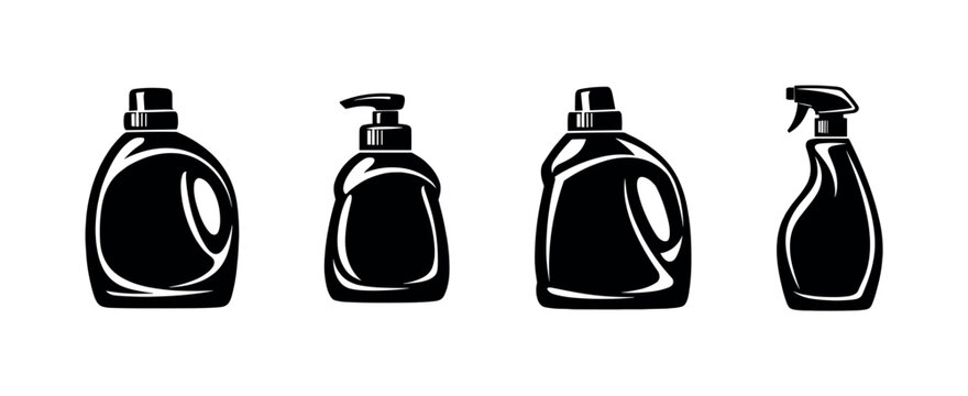 Household cleaning bottles vector icons set, detergent and spray containers