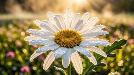 A serene macro video captures the exquisite beauty of a white, daisy-like flower, its delicate petals adorned with countless glistening dew drops. The scene is bathed in the soft, warm, golden light o - Powered by Adobe