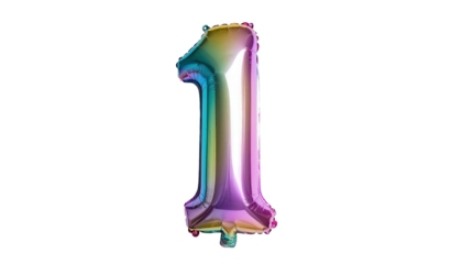 A vibrant, inflated number one balloon with a radiant, multicolored metallic finish