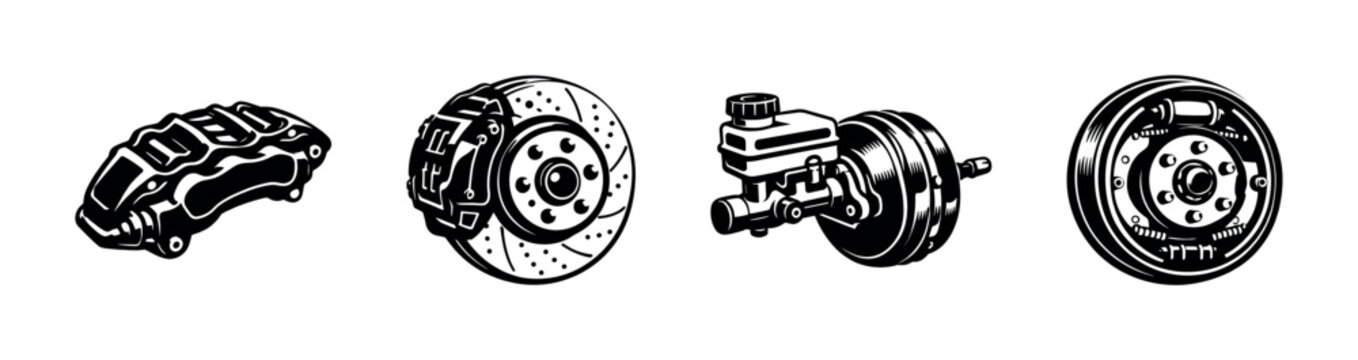 Brake system vector icons set: calipers, discs, master cylinders, drums, car parts
