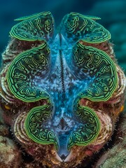 Fototapeta premium Macro top view of a giant clam with vibrant green and blue mantle patterns in a tropical coral reef