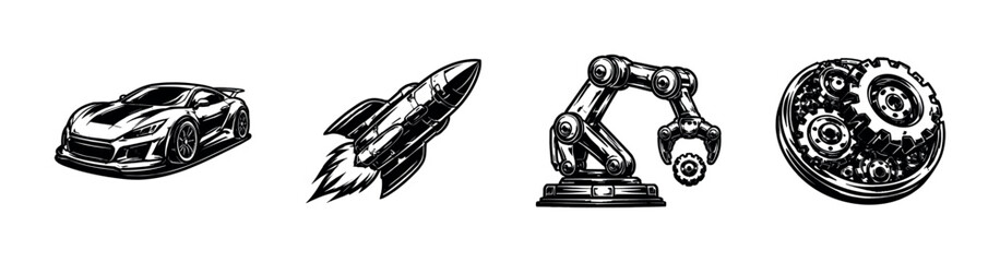 High-speed transport vector icons set: car, rocket, robotic, gear elements