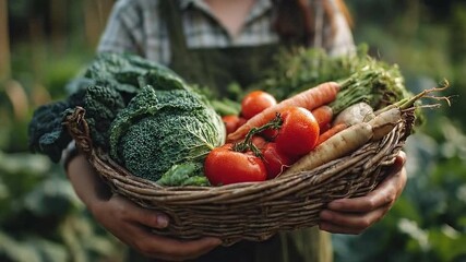 Harvest Bounty: A farmer cradles a woven basket overflowing with freshly harvested, vibrant vegetables, celebrating nature's offering. The image captures the essence of a healthy.