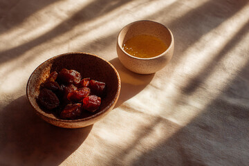 nowruz celebration, tranquil nowruz flat lay with senjed dried fruits, samanu pudding, vinegar, and soft natural lighting, creating a serene vibe