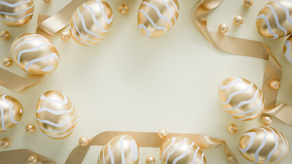 Golden Striped Easter Eggs and Pearls Border on Cream Copy Space. 3d rendering