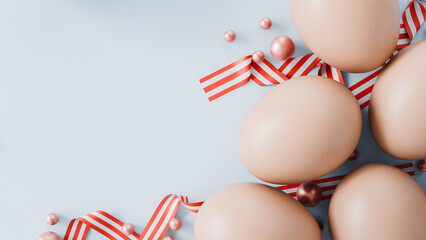 Natural Brown Easter Eggs with Striped Ribbon and Copy Space. 3d rendering