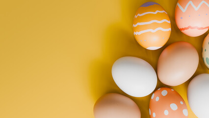 Painted Colorful Easter Eggs on Yellow Background Copy Space. 3d rendering