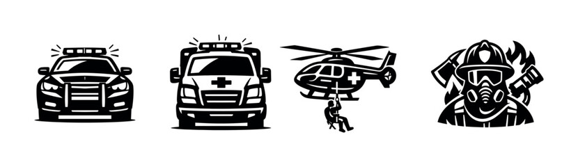Emergency vehicles vector icons set: police car, ambulance, helicopter, firefighter